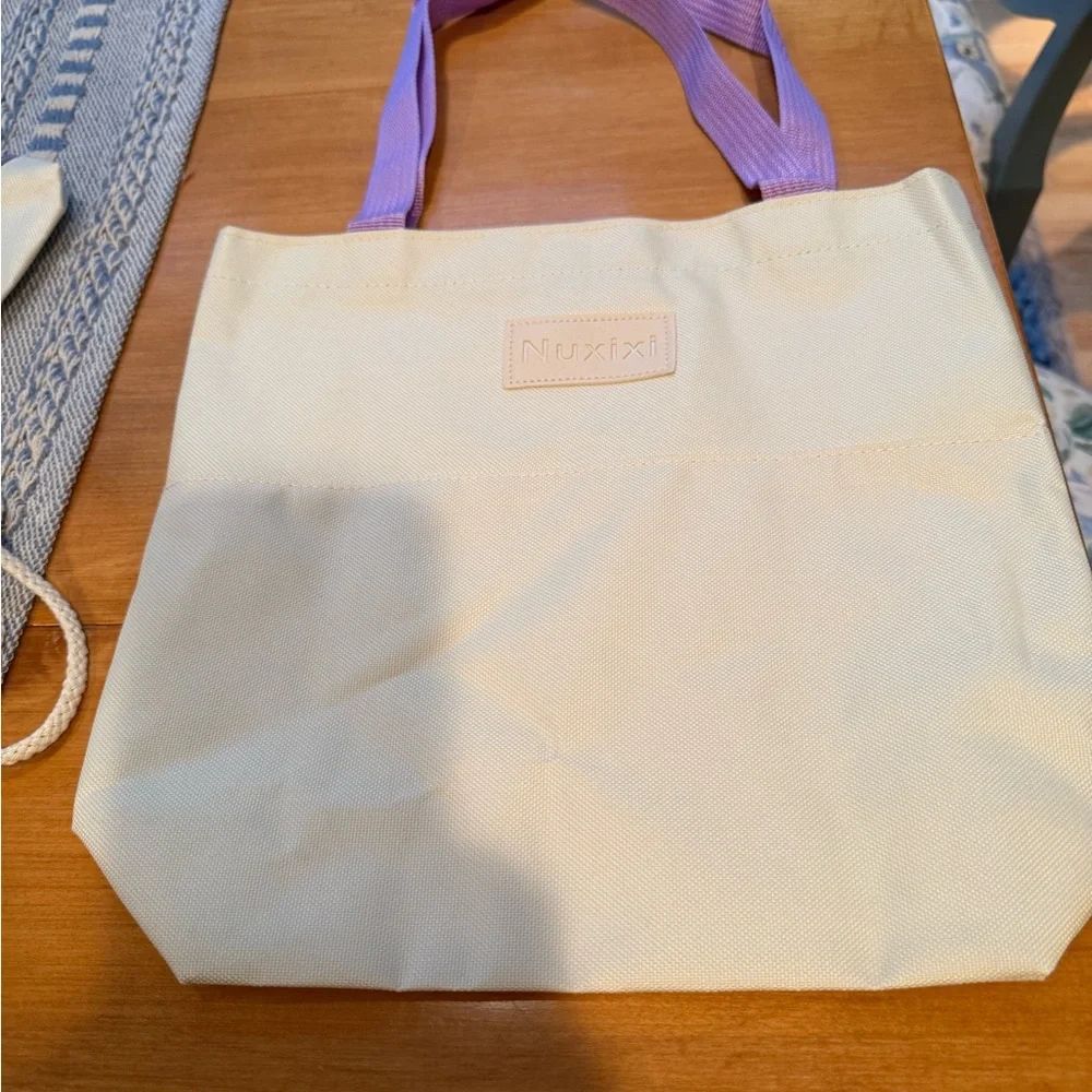 Cream Backpack with Purple Accents and Plush Keychain